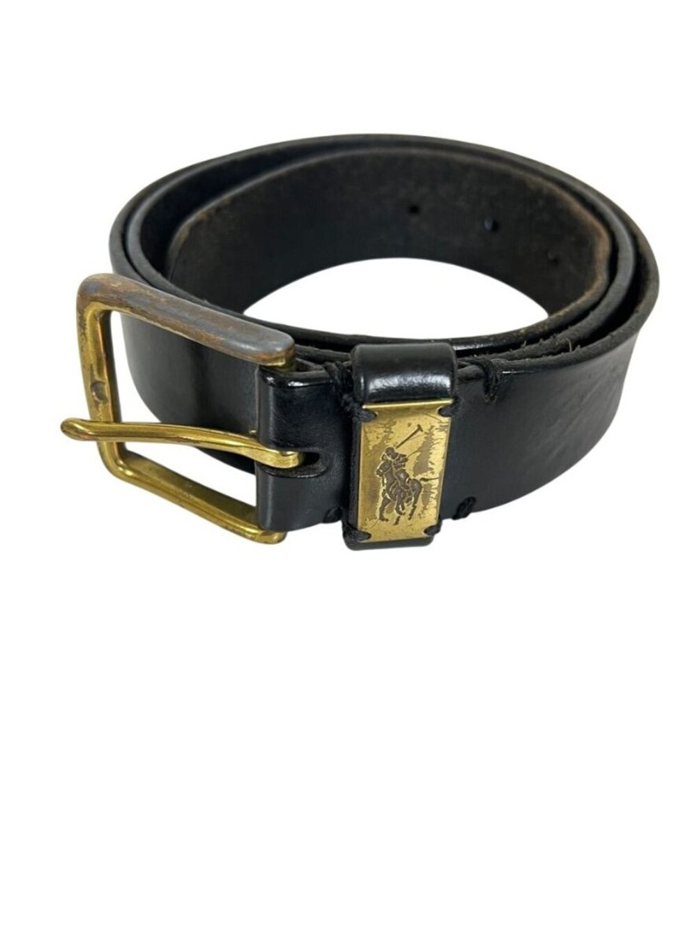 Vintage Polo Ralph Lauren Black Leather Belt Brass Pony Plaque Mens 34